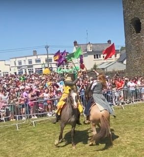 Picture shows Horsemen of Eire jousting on horseback at the Festival of Ferns 2023 post parade event in the grounds of Ferns Castle 